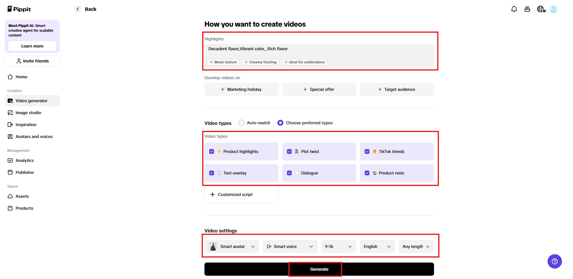 Highlight features and set video formats