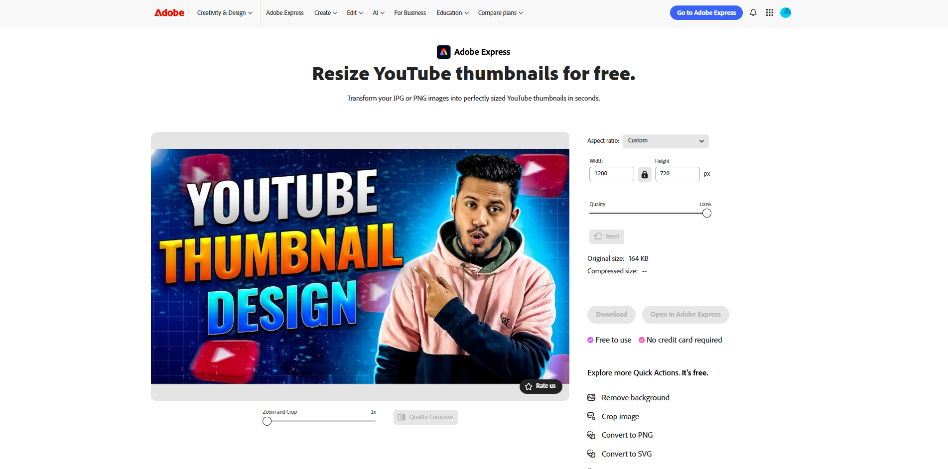 Interface of Adobe - an easy to use YouTube thumbnail resizer