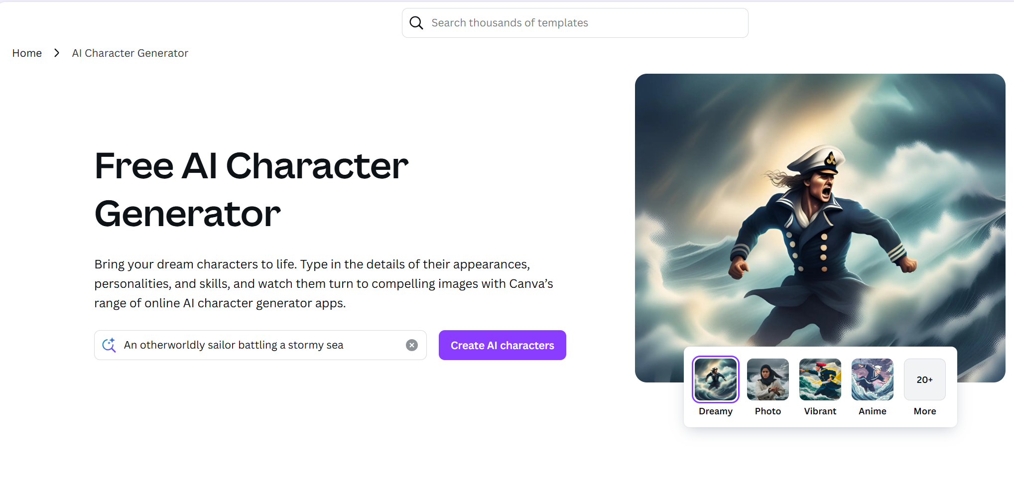Interface de Canva - un créateur de personnages en ligne utile et gratuit
