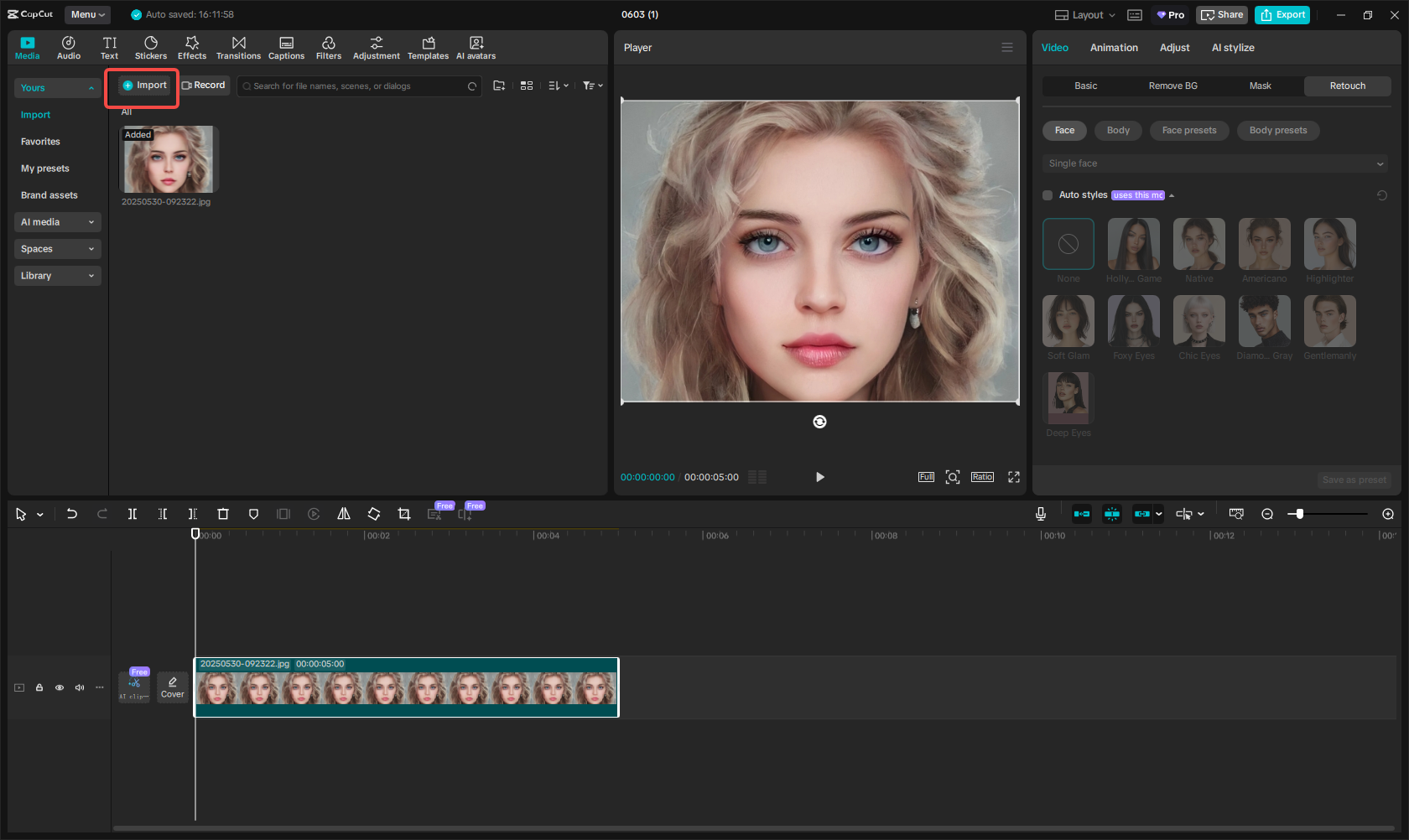 Importing the image into CapCut