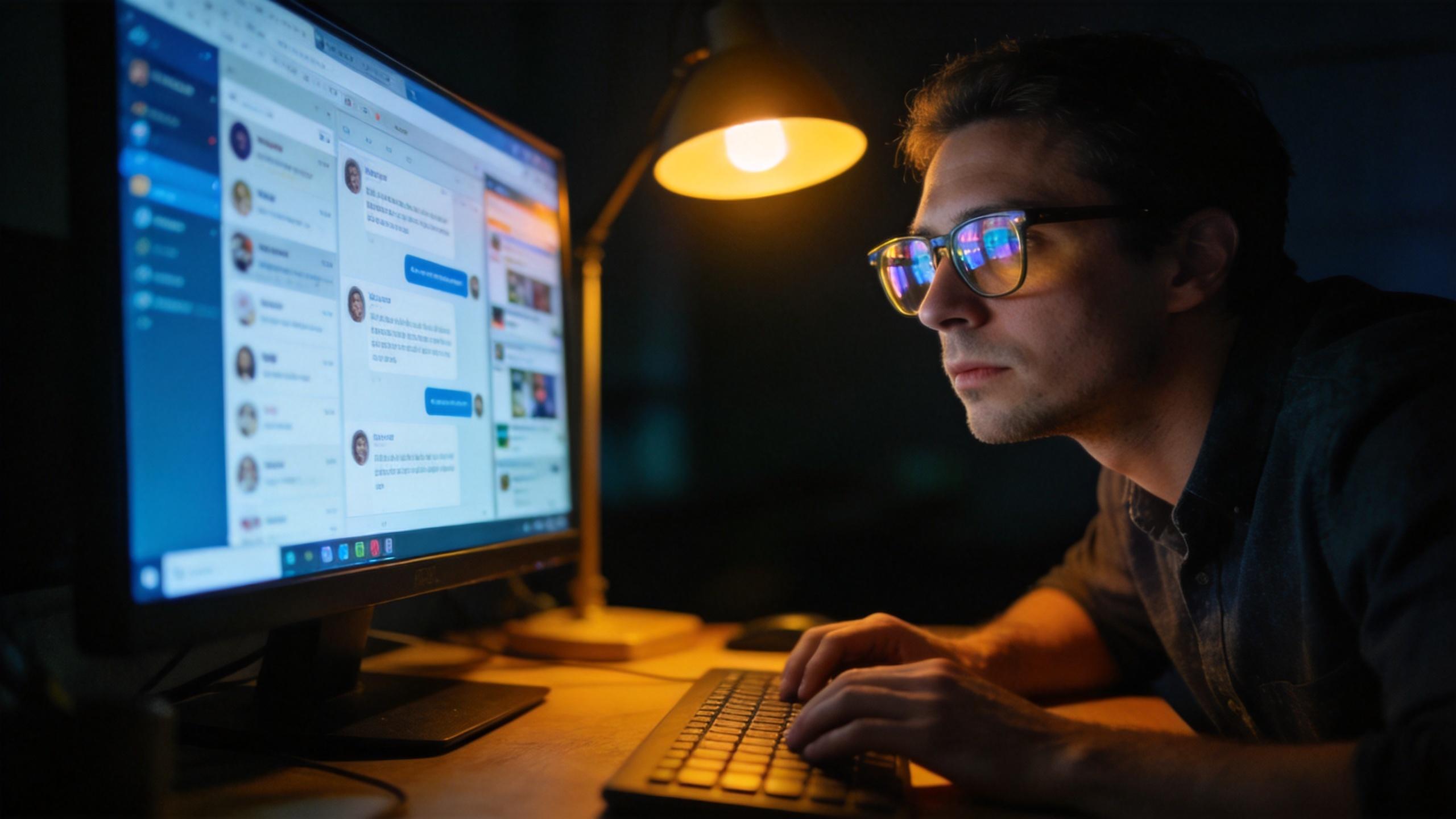 Man typing at a computer in a dim room while viewing a social media dashboard