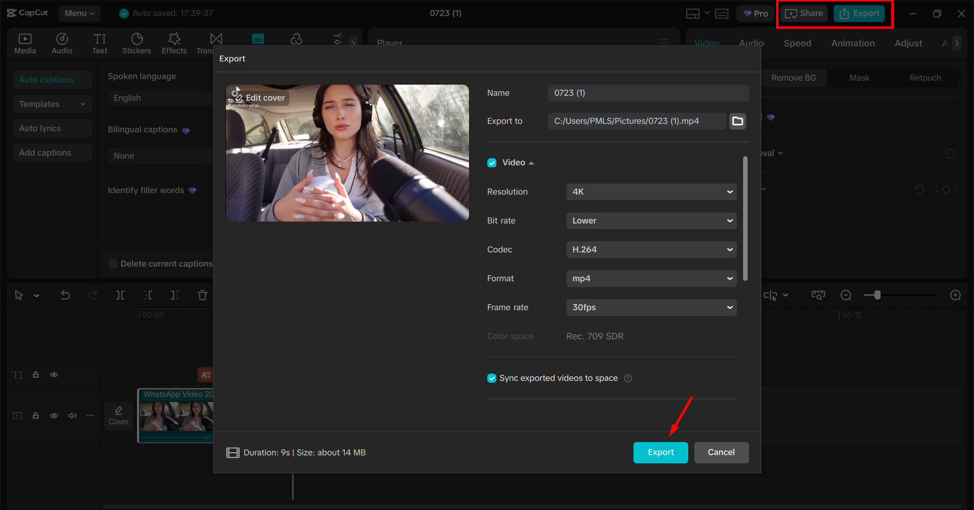 Exporting the video from the CapCut desktop video editor