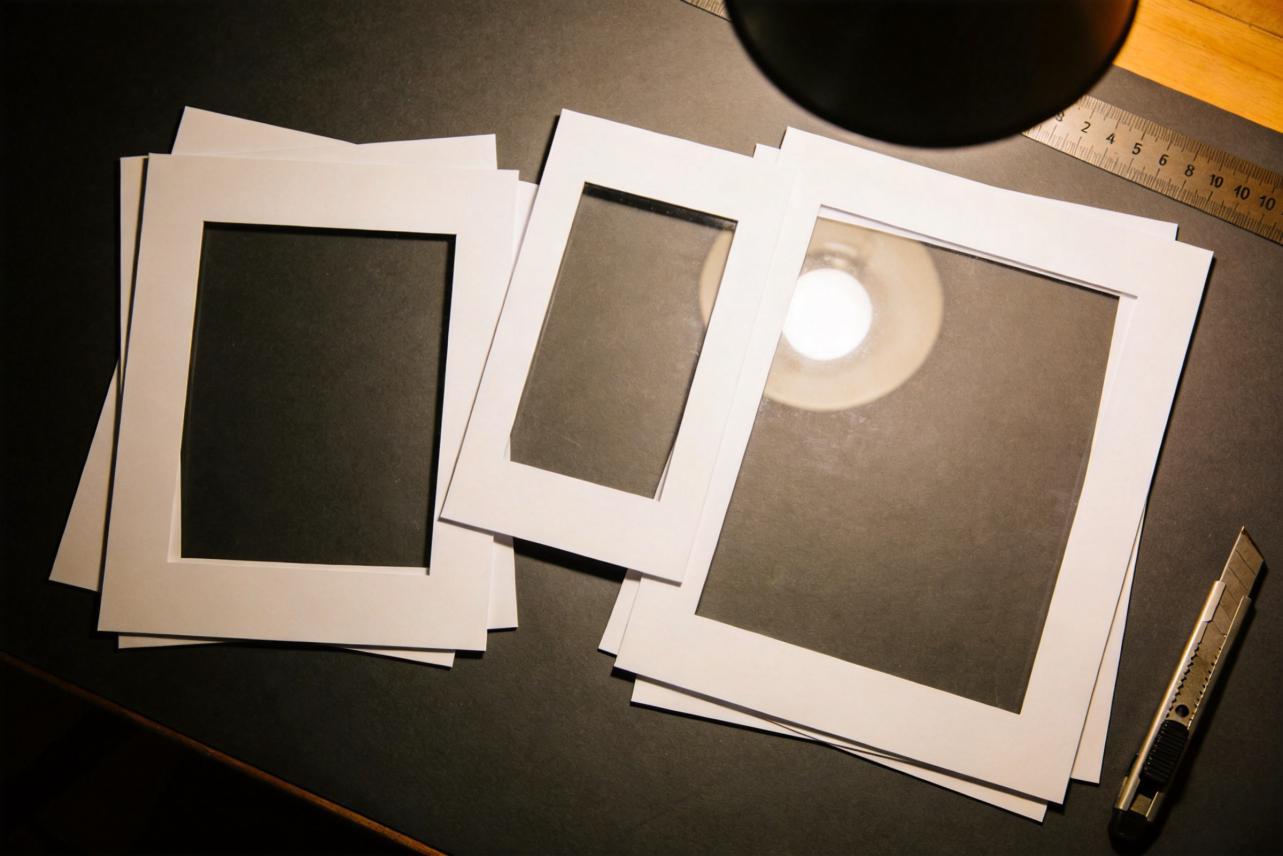 Three paper frame cutouts in different aspect ratios on a desk with a ruler and craft knife