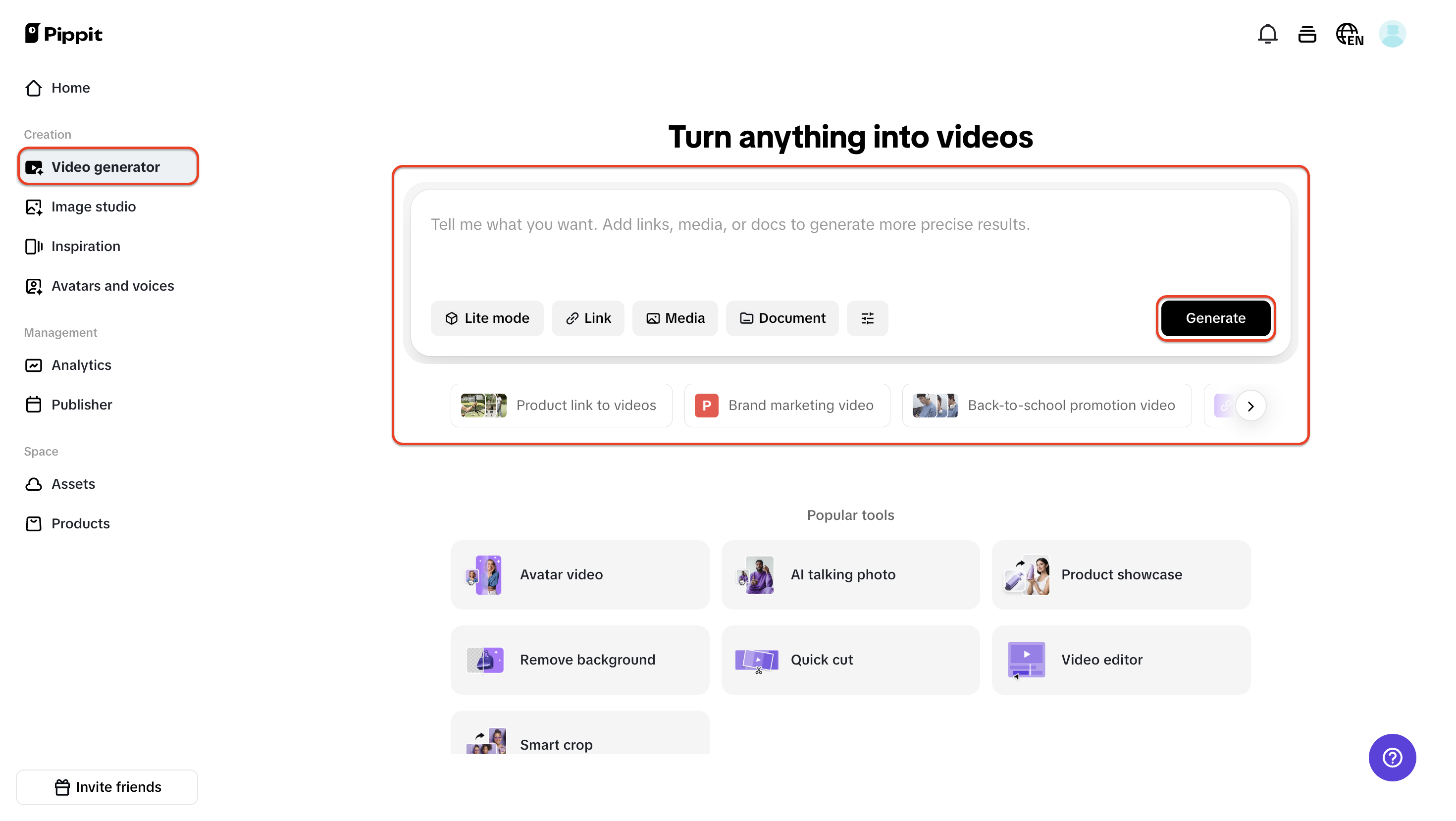 Enter prompt, link, media or anything