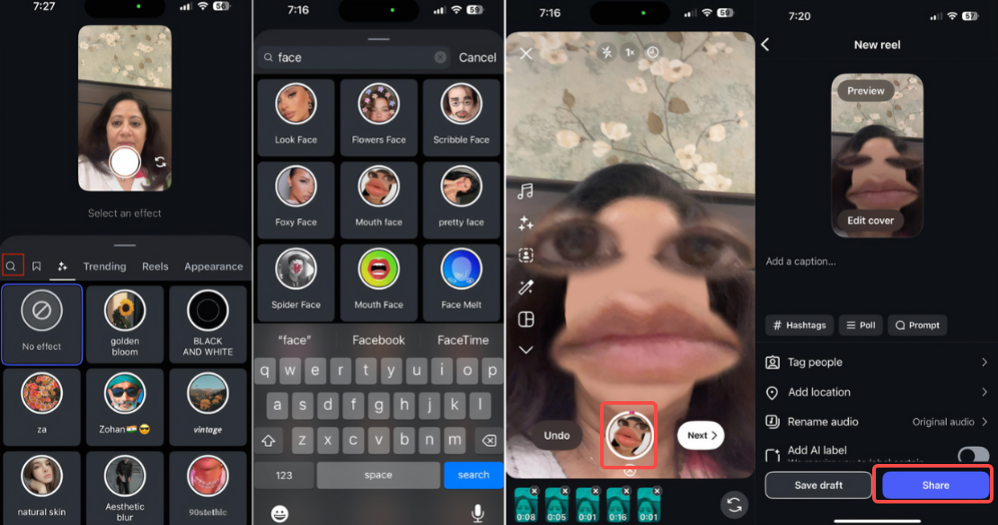 Aplique um filtro de rosto ao vídeo do Instagram