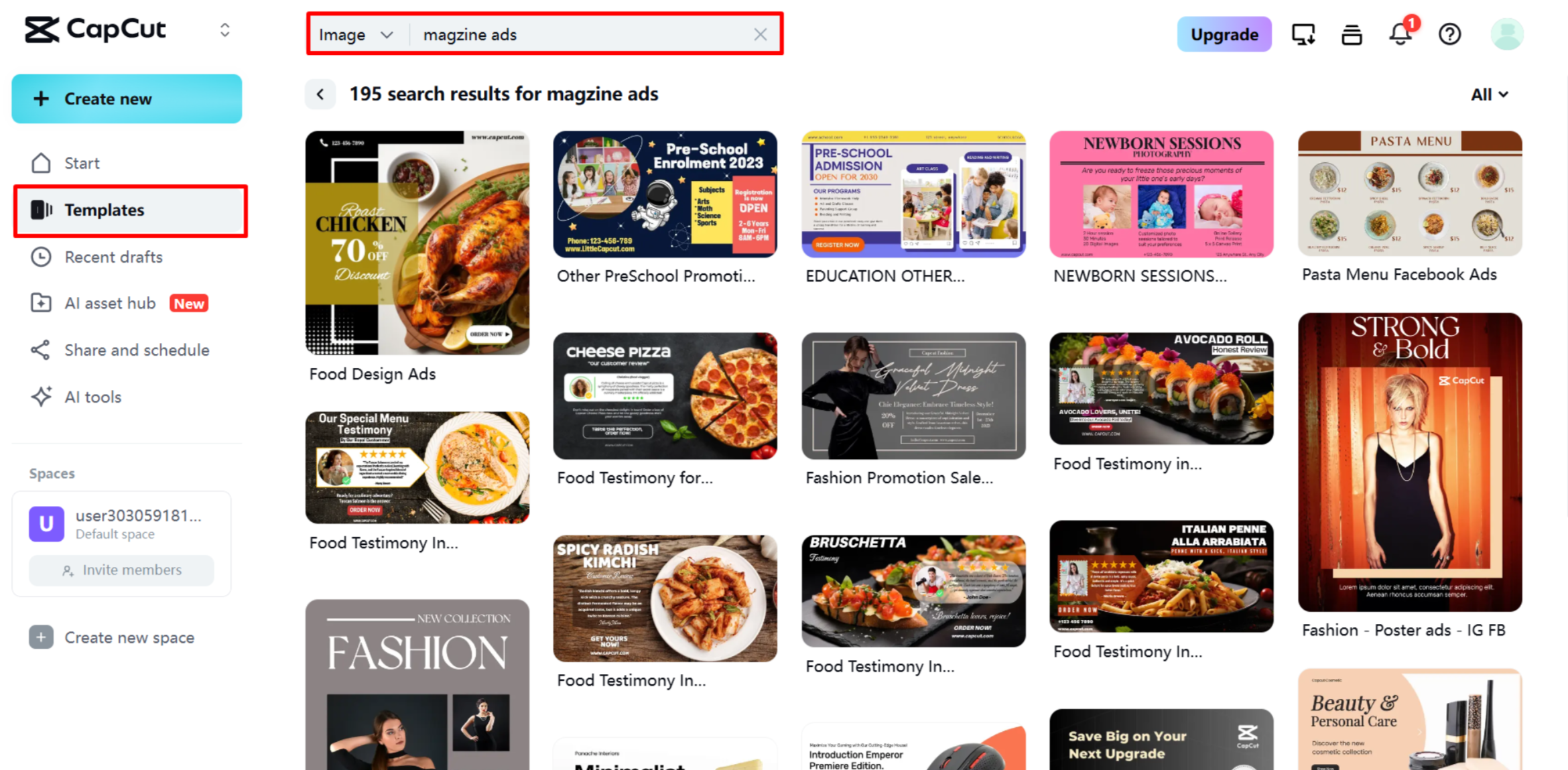 Memilih template di CapCut Web