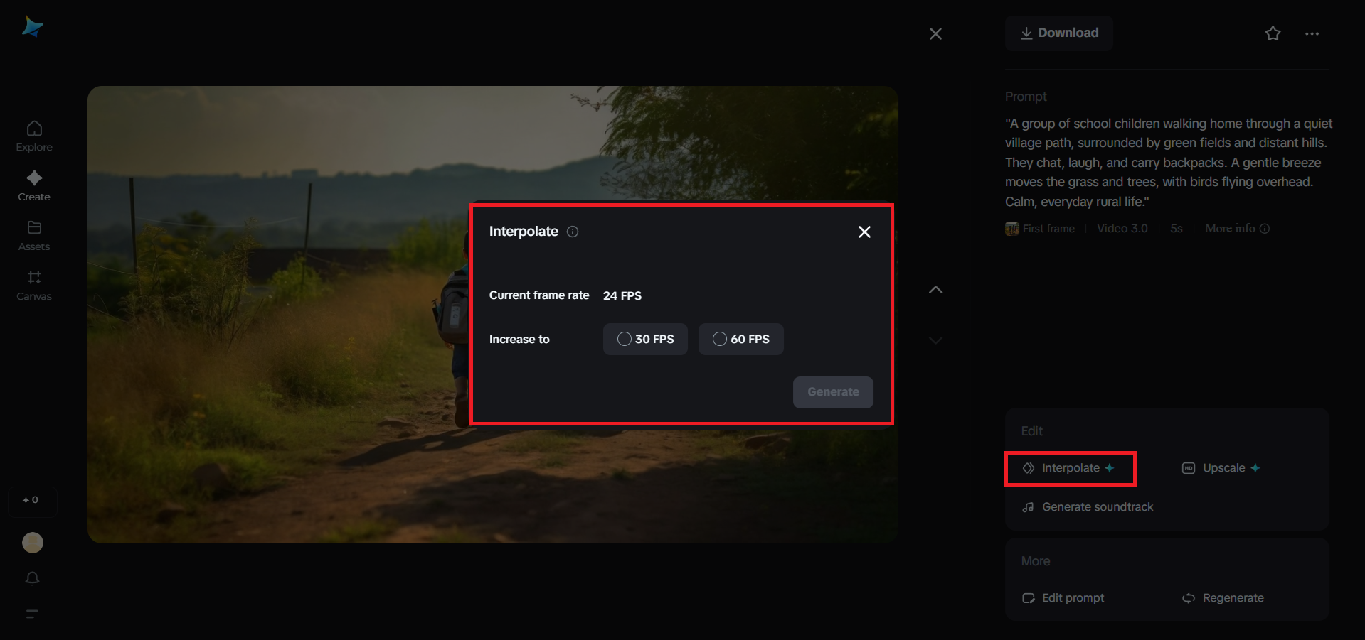 Interpolate feature in Dreamina