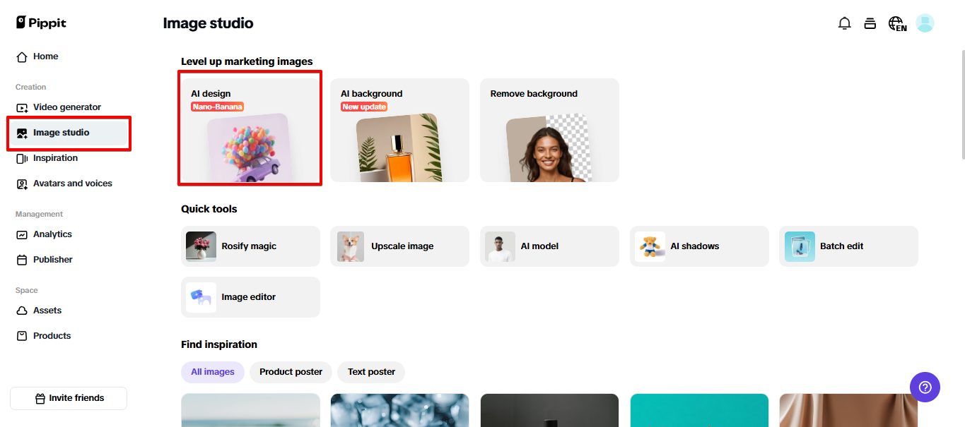 Opening AI design tool in Pippit