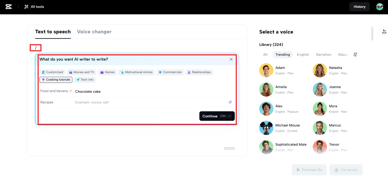 Manually add your text or get an AI-generated script