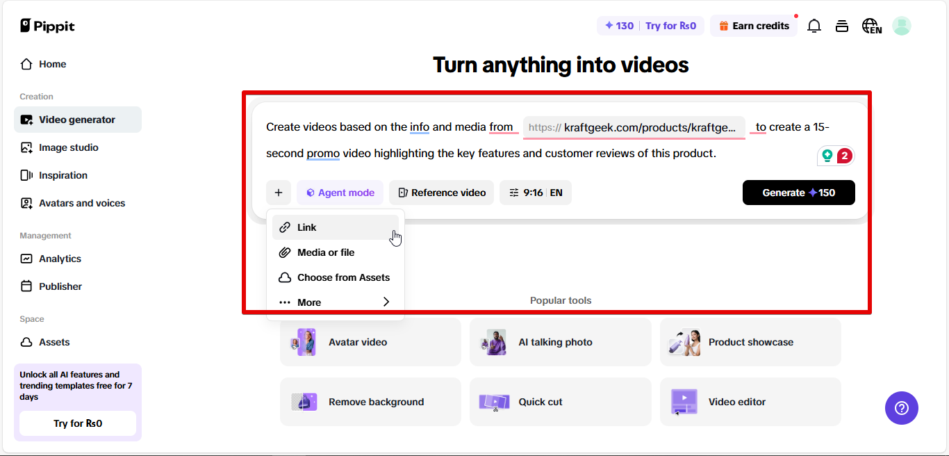 Generando video en Pippit