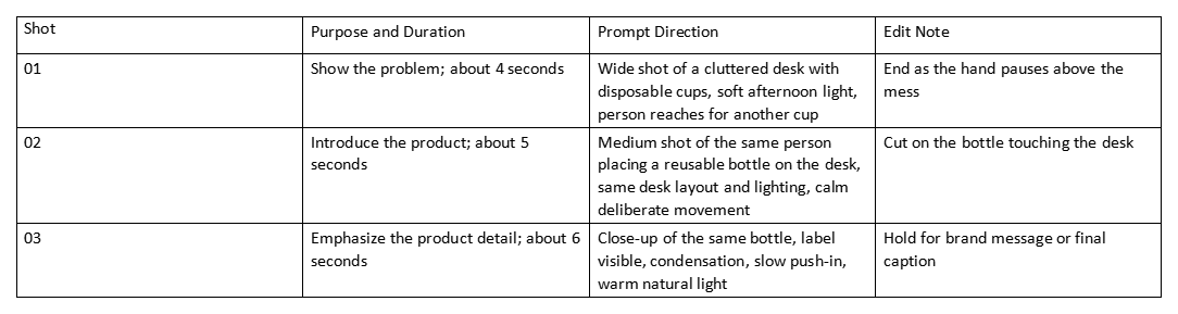 Table listing three shots, with purpose, duration, prompt direction, and edit notes for each.