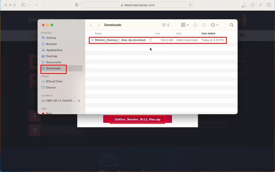 Fare clic sul file di download per Mac di Davinci Resolve