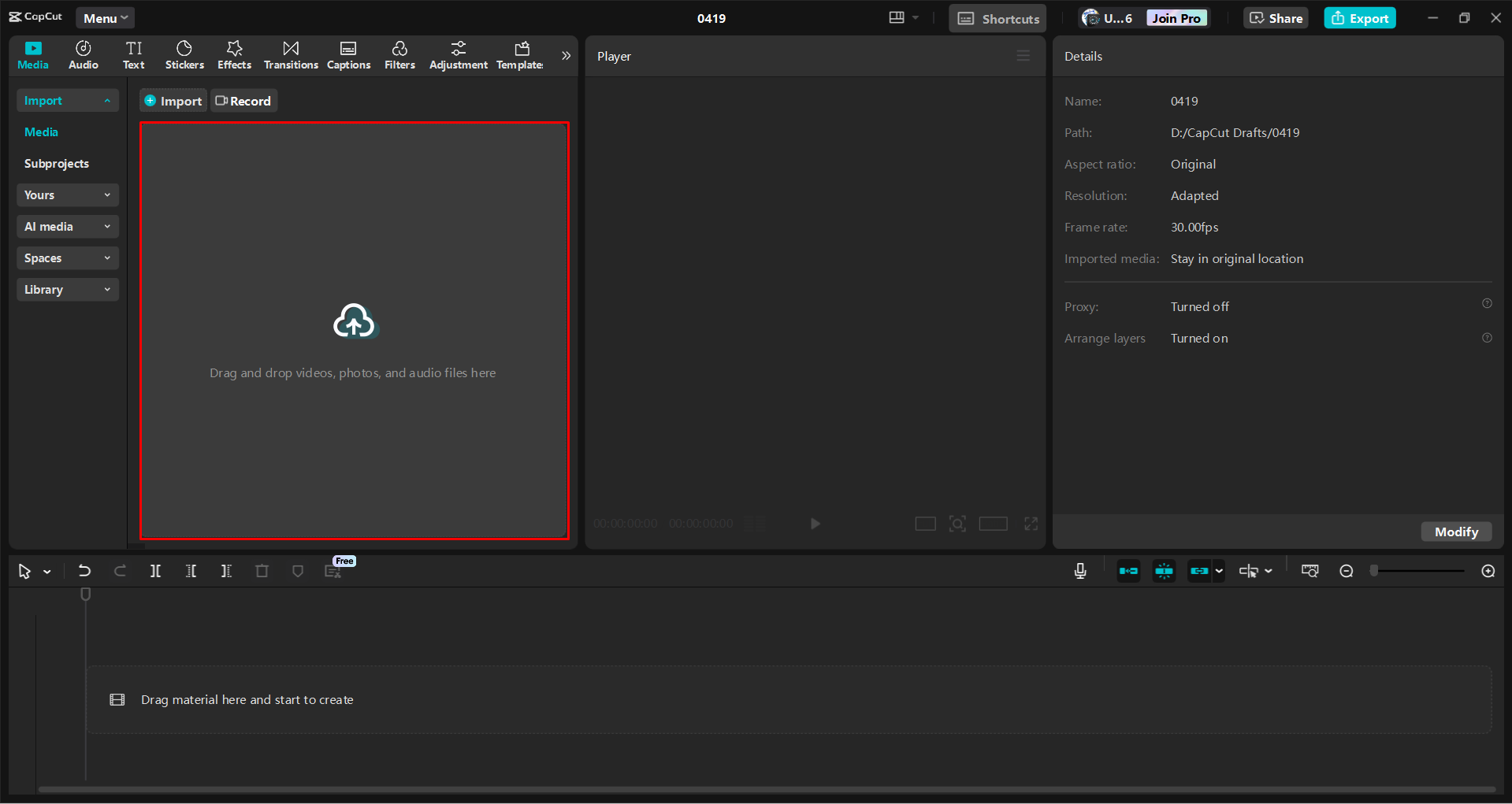 Importing a video into the CapCut desktop video editor