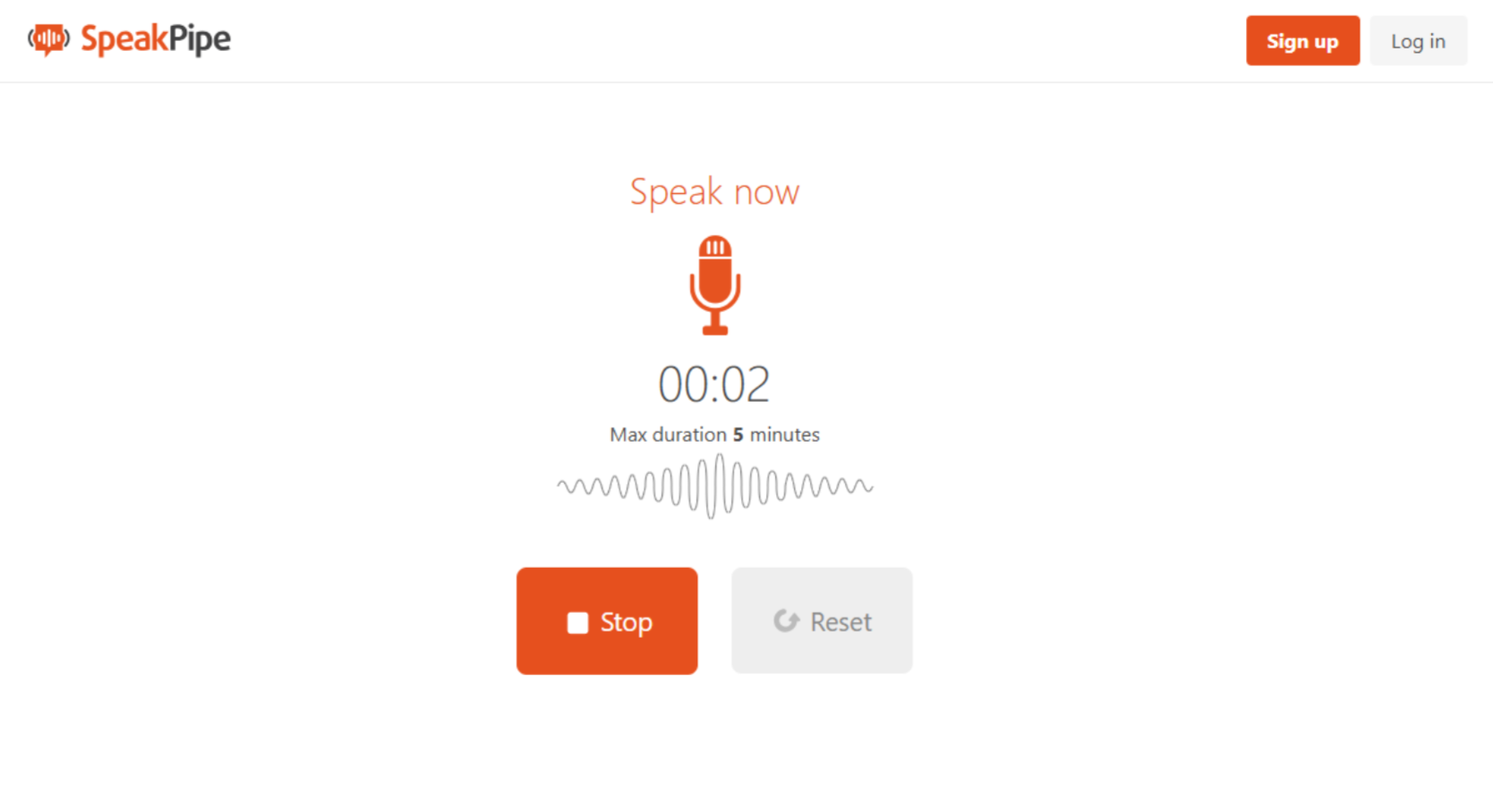 Interfaz de SpeakPipe: otra grabadora de sonido en línea gratuita.