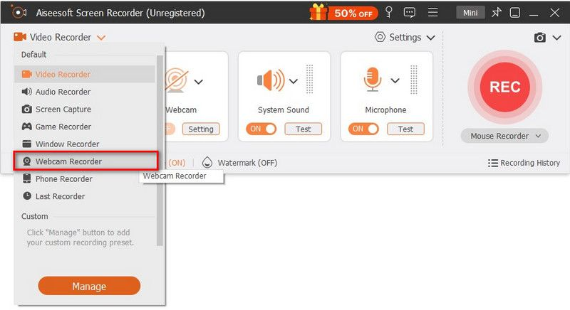 Interface of Aiseesoft Screen Recorder