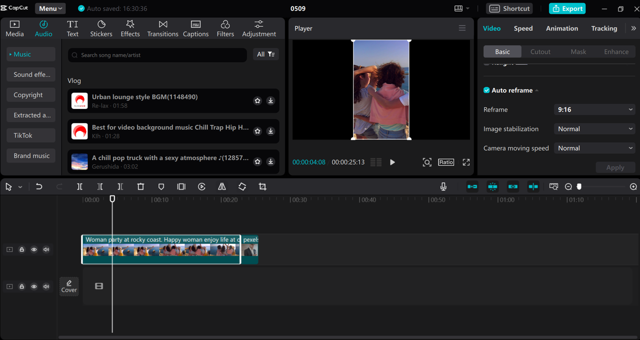 Auto reframe a video using the CapCut desktop video editor and AI shorts maker.