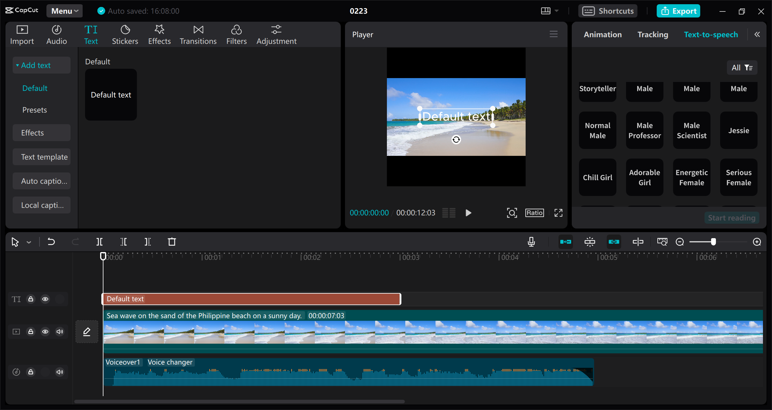 CapCut editor timeline with text-to-speech voiceover track and controls.