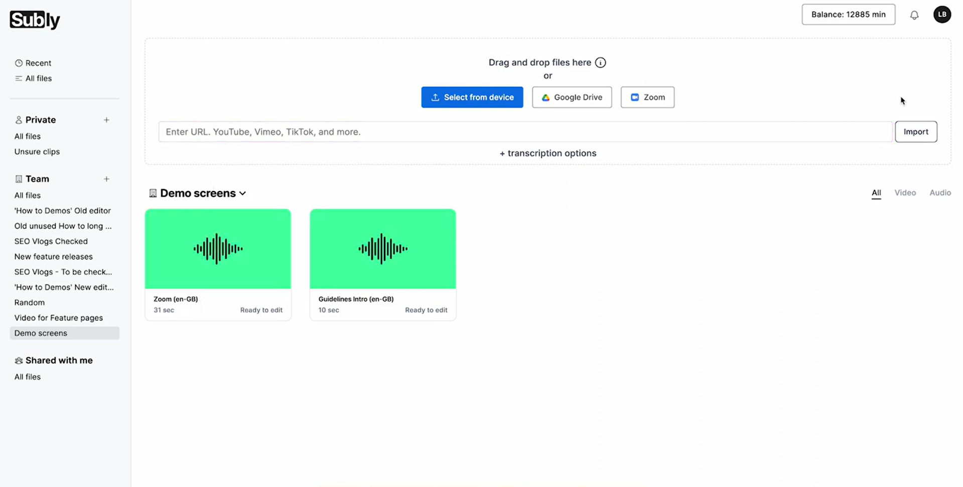 Interface ng Subly - isang mataas na rating na AI audio sa video generator