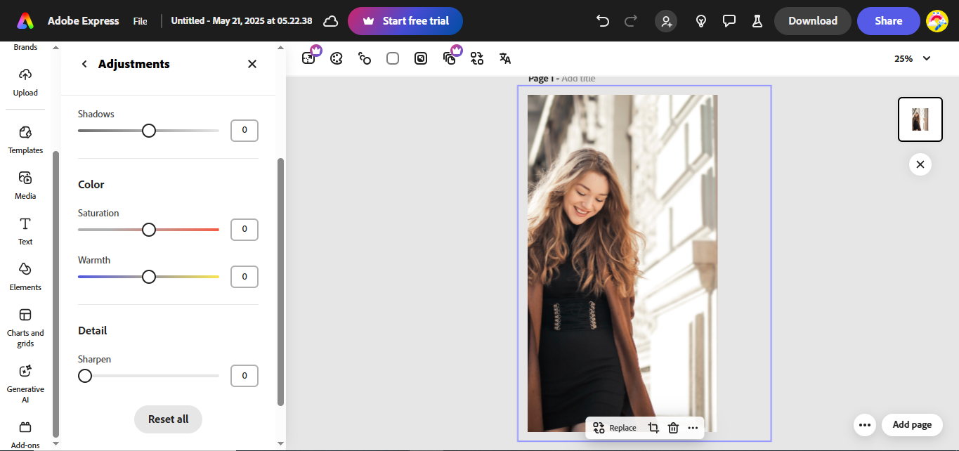 Antarmuka Adobe Express - penambah gambar profesional