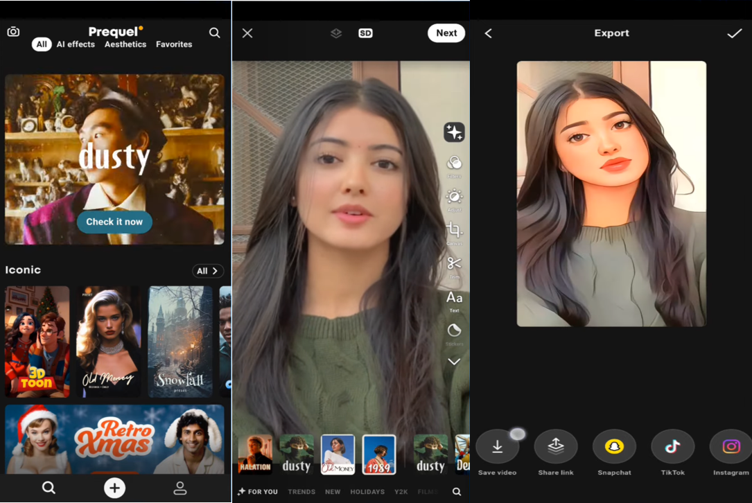 Interface de Prequel - Générateur vidéo de dessin animé IA gratuit sur mobile