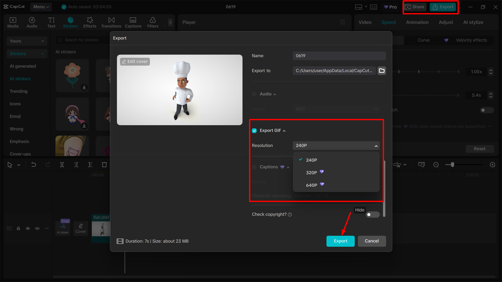 Esportazione di una GIF dall' CapCut editor video desktop