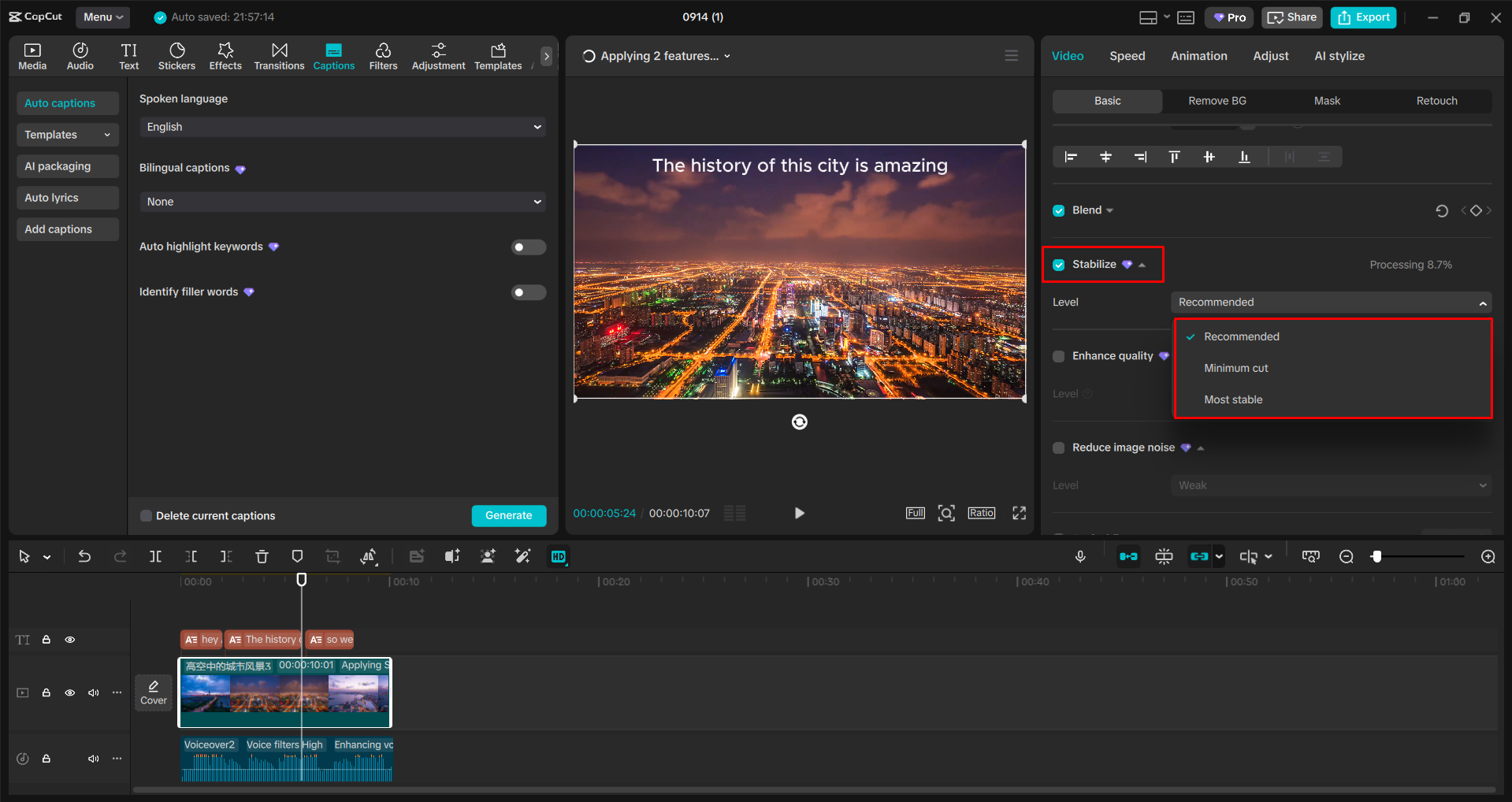 CapCut masaüstü video editörü ile videoyu stabilize etmek ve sesi geliştirmek