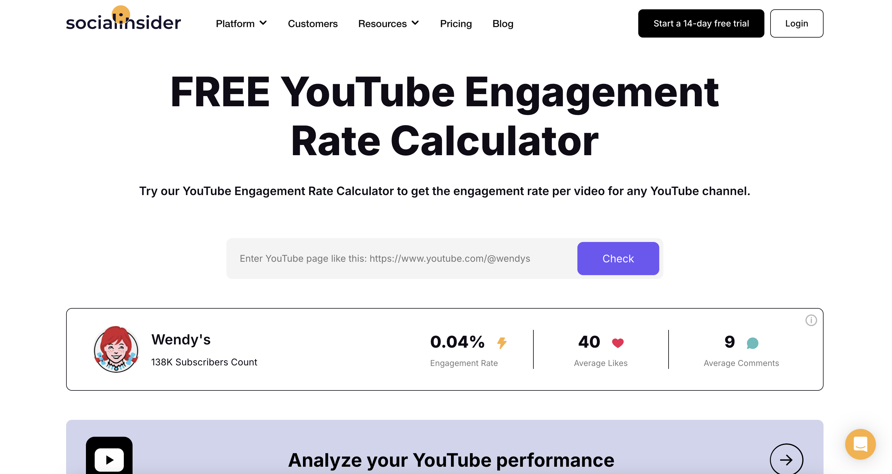 Socialinsider YouTube engagement rate checker
