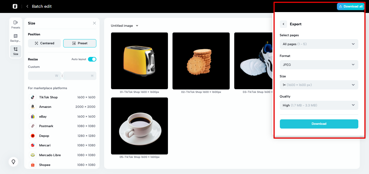Exporting images from Pippit batch editor