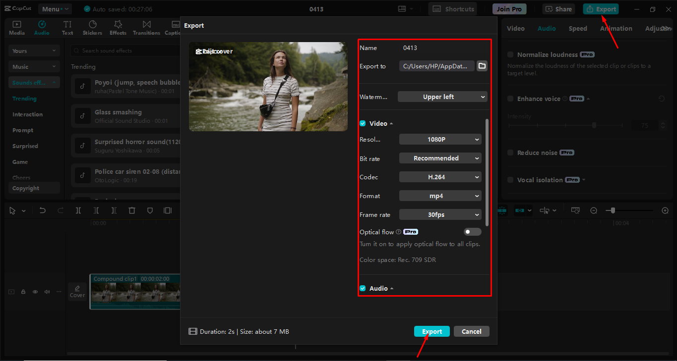 Esportazione del video dall' CapCut editor video desktop