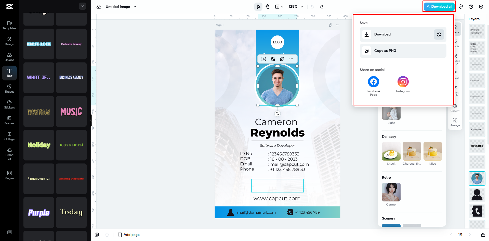 Exporting the ID card image from CapCut Web