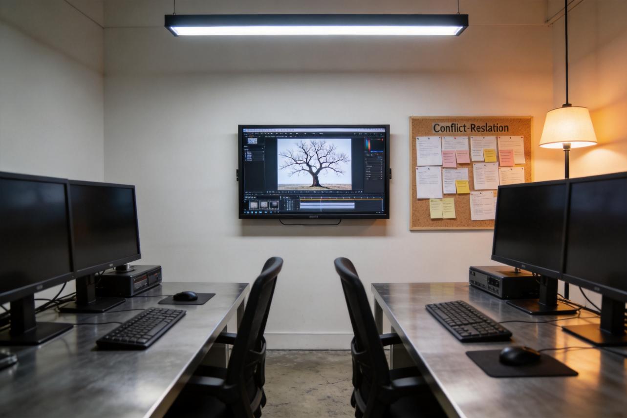 Two workstations facing a wall monitor and a corkboard labeled Conflict-Reslation