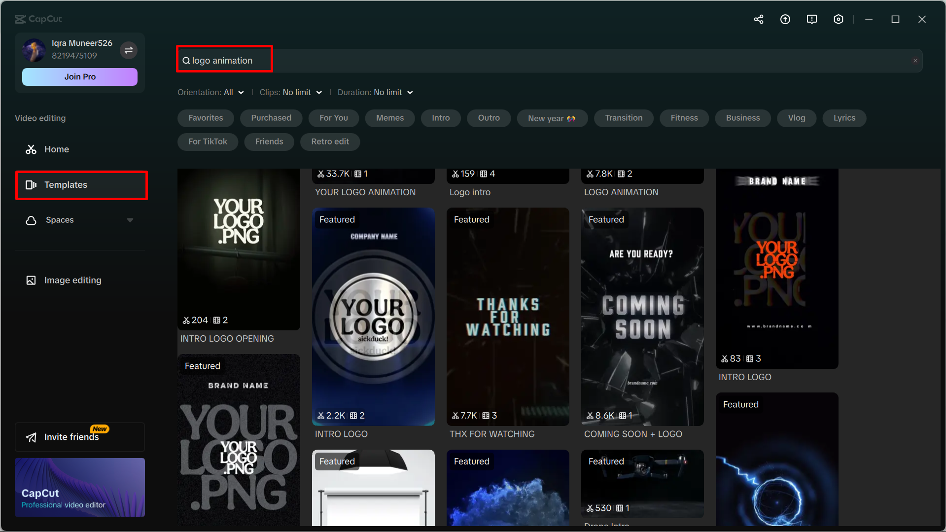 Melayari templat logo terbina dalam dalam editor video desktop CapCut