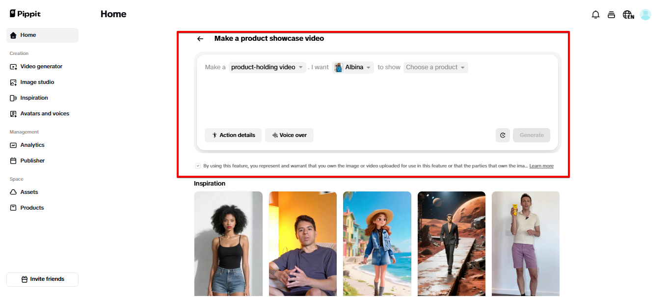 Product showcase tool in Pippit