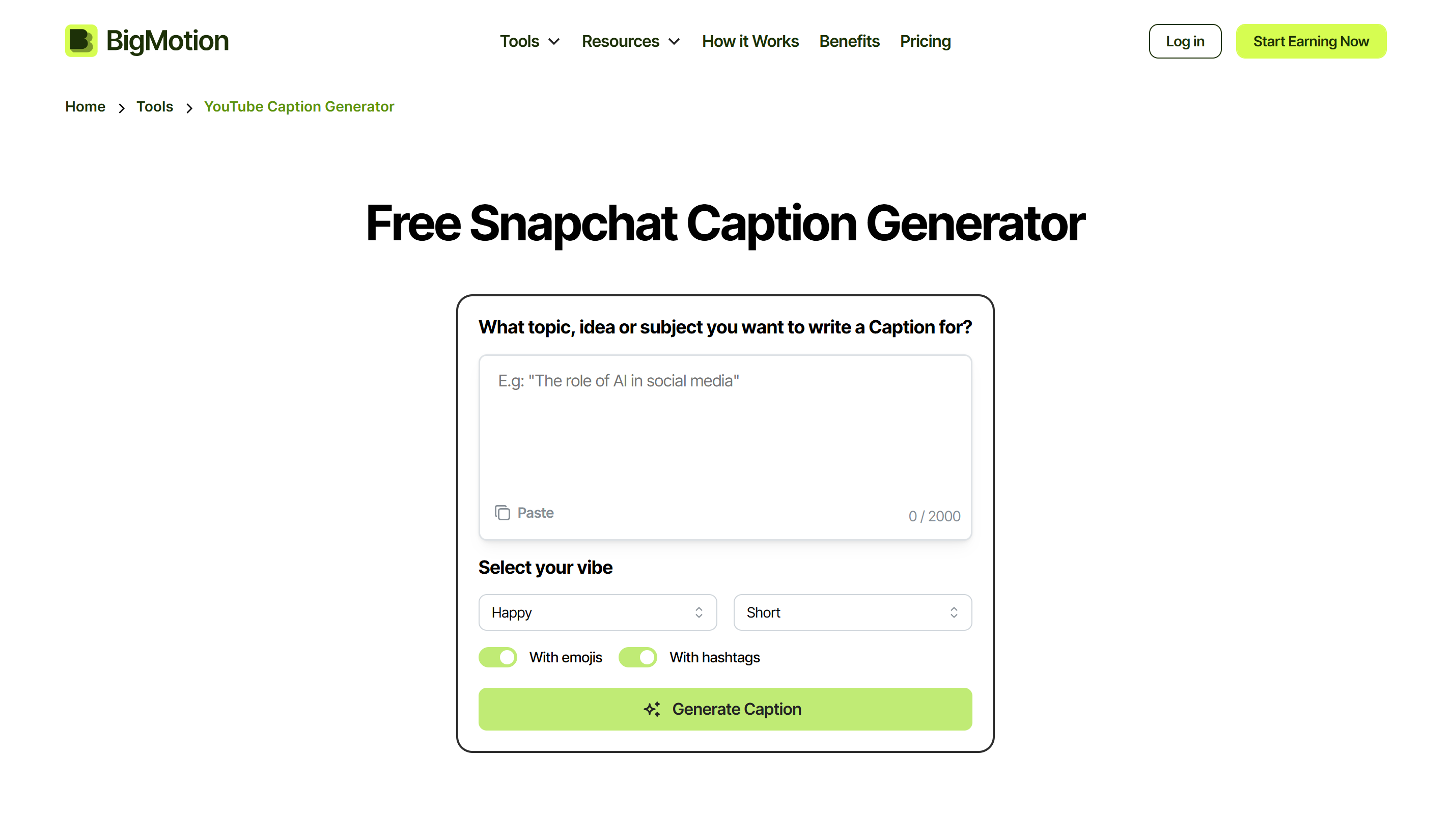 Interfaccia di BigMotion - un creatore di didascalie per Snapchat facile da usare