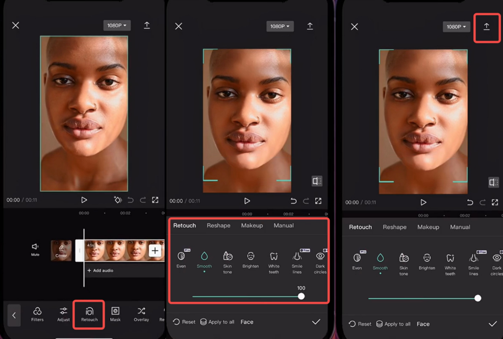 Interface of Facetune - the perfect face video editing app
