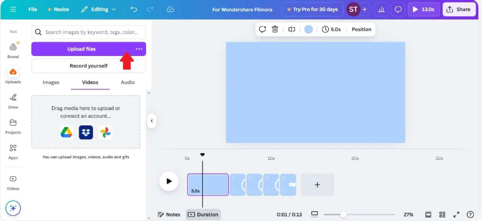 Accessing the upload panel in Canva