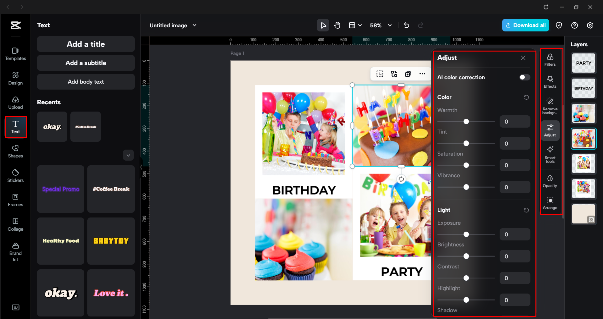 Modifica dell'immagine di sfondo del compleanno nell'editor video desktop di CapCut.