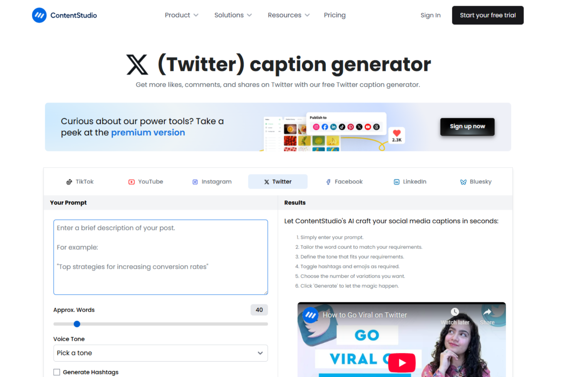 Interface ng ContentStudio - isang user-friendly na Twitter post generator