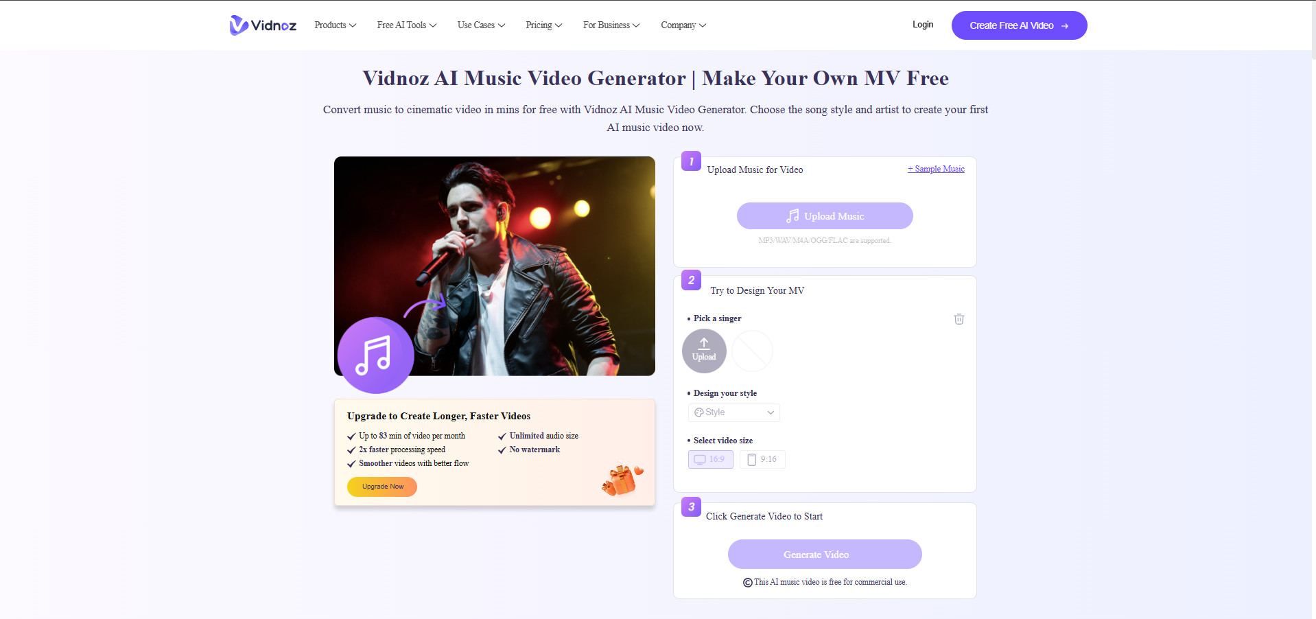 Interace of Vidnoz AI - a user-friendly and free AI MP3 to video generator