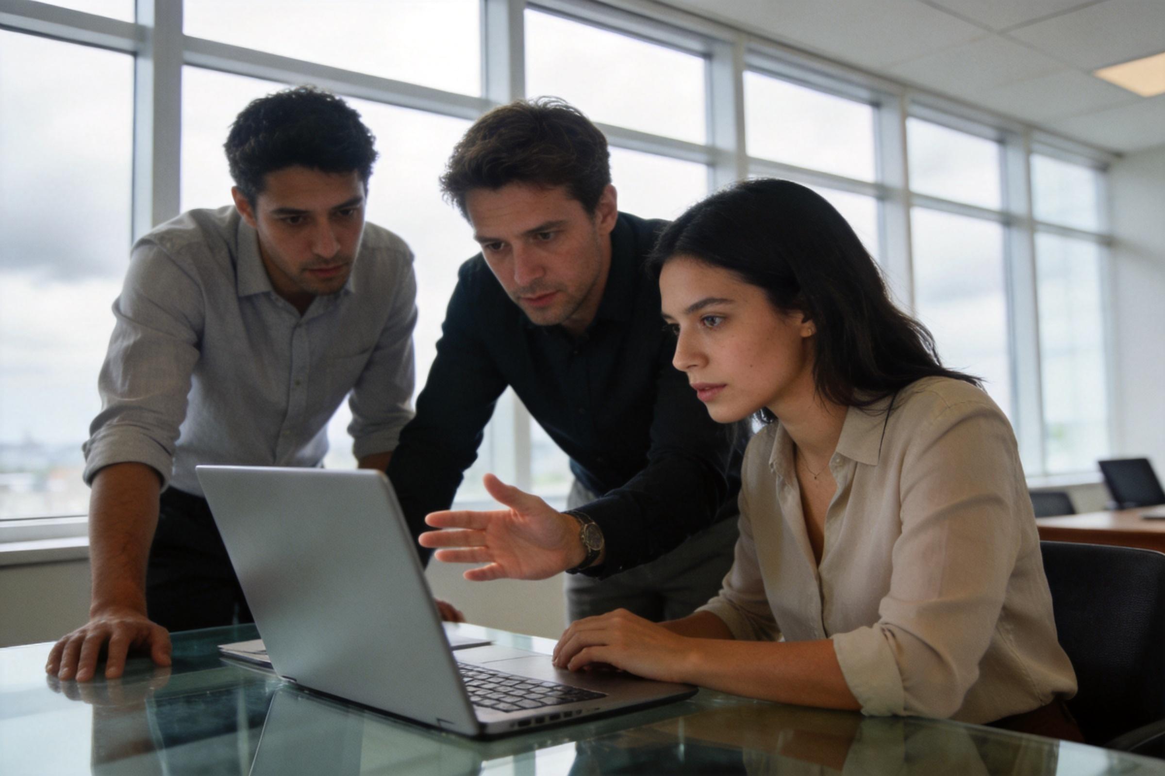 Three coworkers review a laptop in a bright office meeting room.