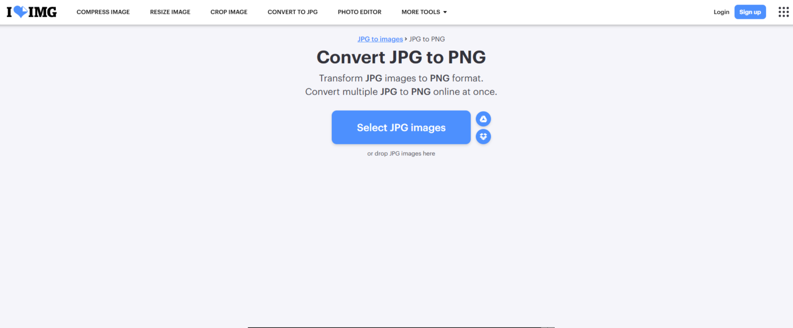 Interfaz de iLoveIMG: un eficiente convertidor en línea de JPG a PNG.