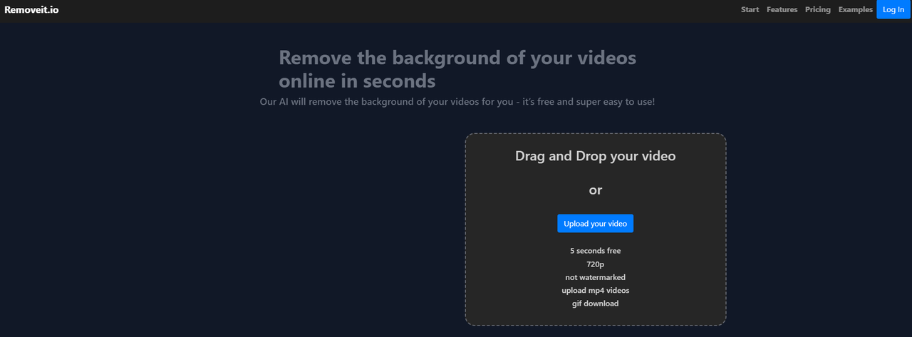 Главный экран Removeit.io с областью Drag and Drop your video и кнопкой Upload your video