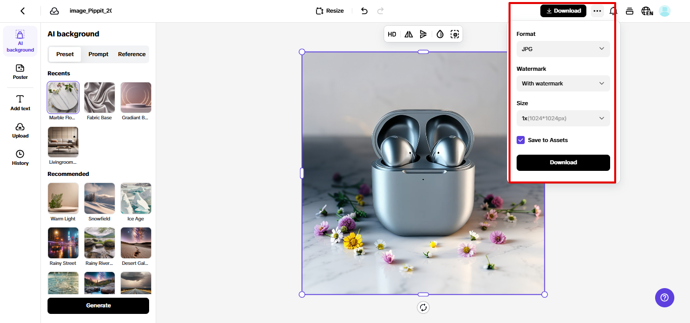Exporting product image from Pippit
