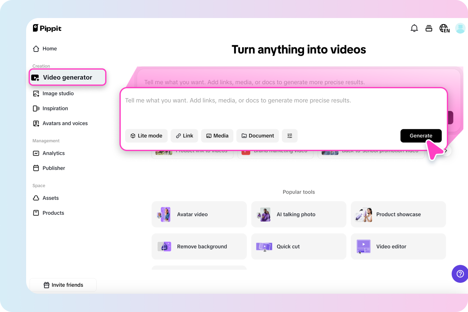 Start with the video generator feature