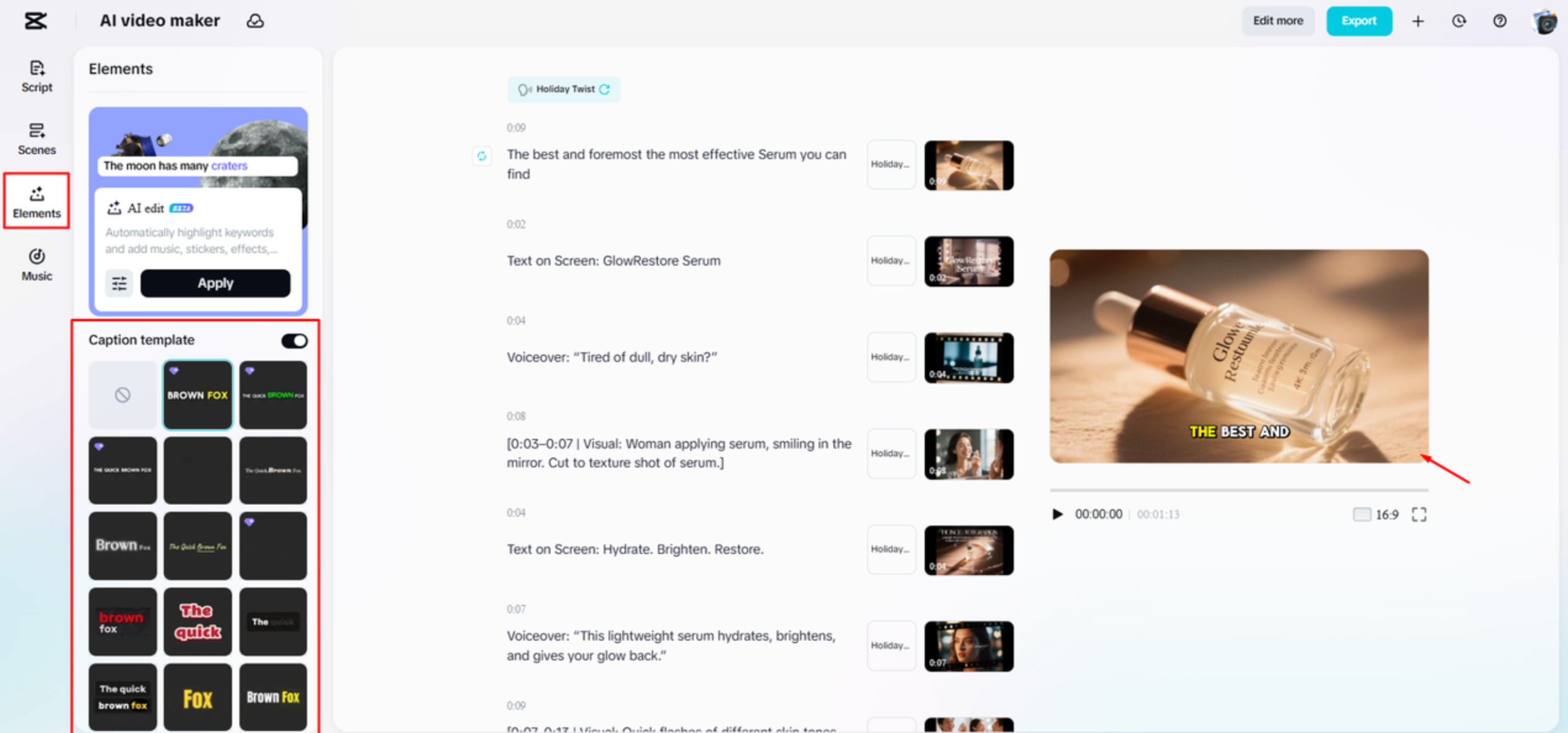 Adjusting caption templates in product videos with CapCut Web