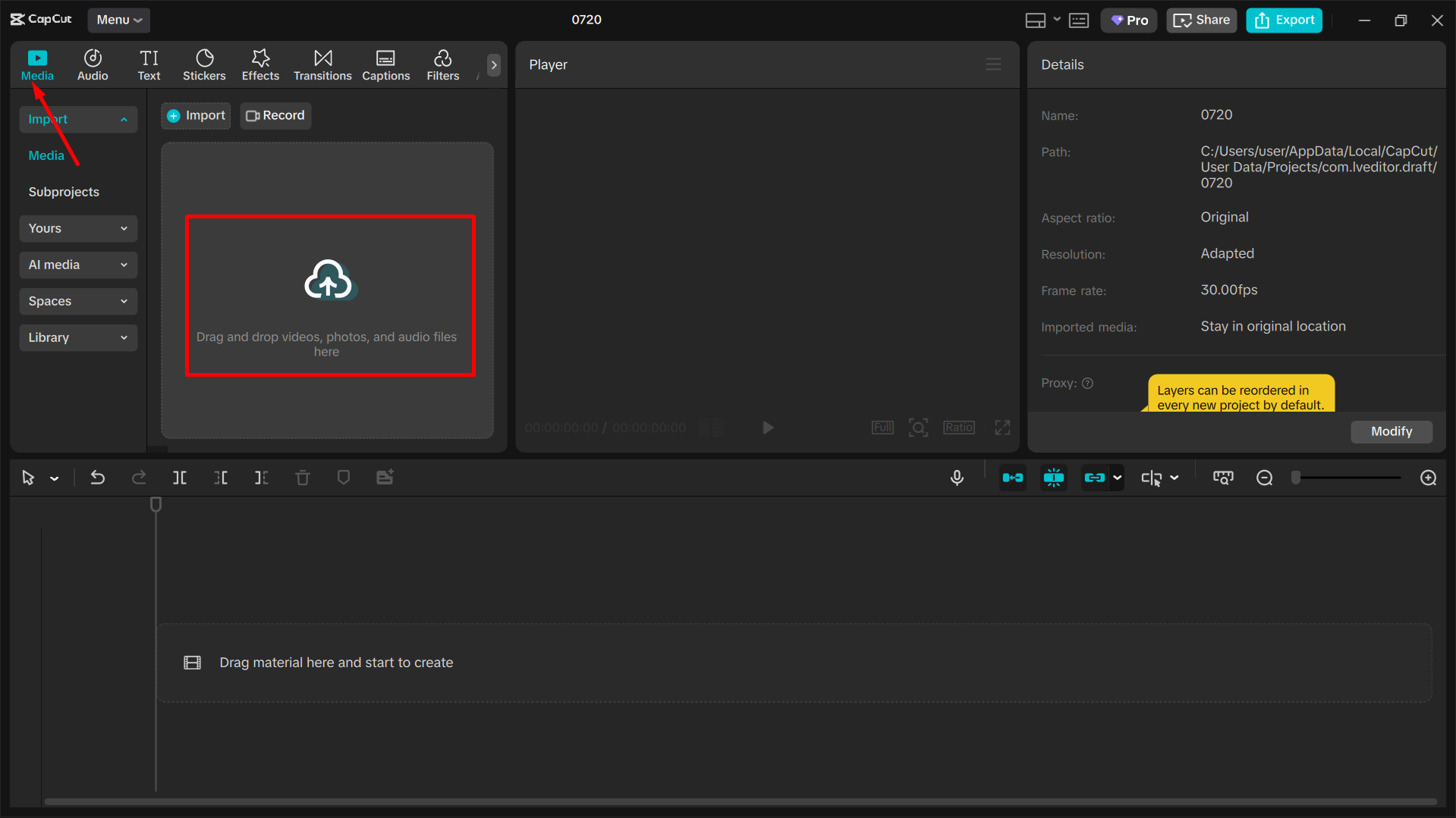 Uploading media in the CapCut desktop video editor