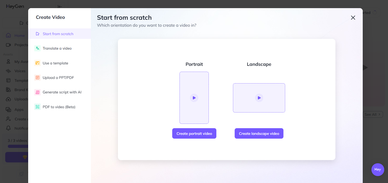 Choose a template or start blank on HeyGen