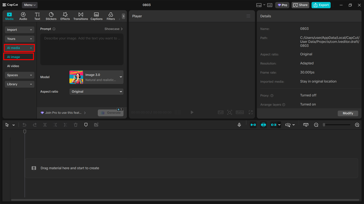Writing a prompt in the CapCut desktop video editor