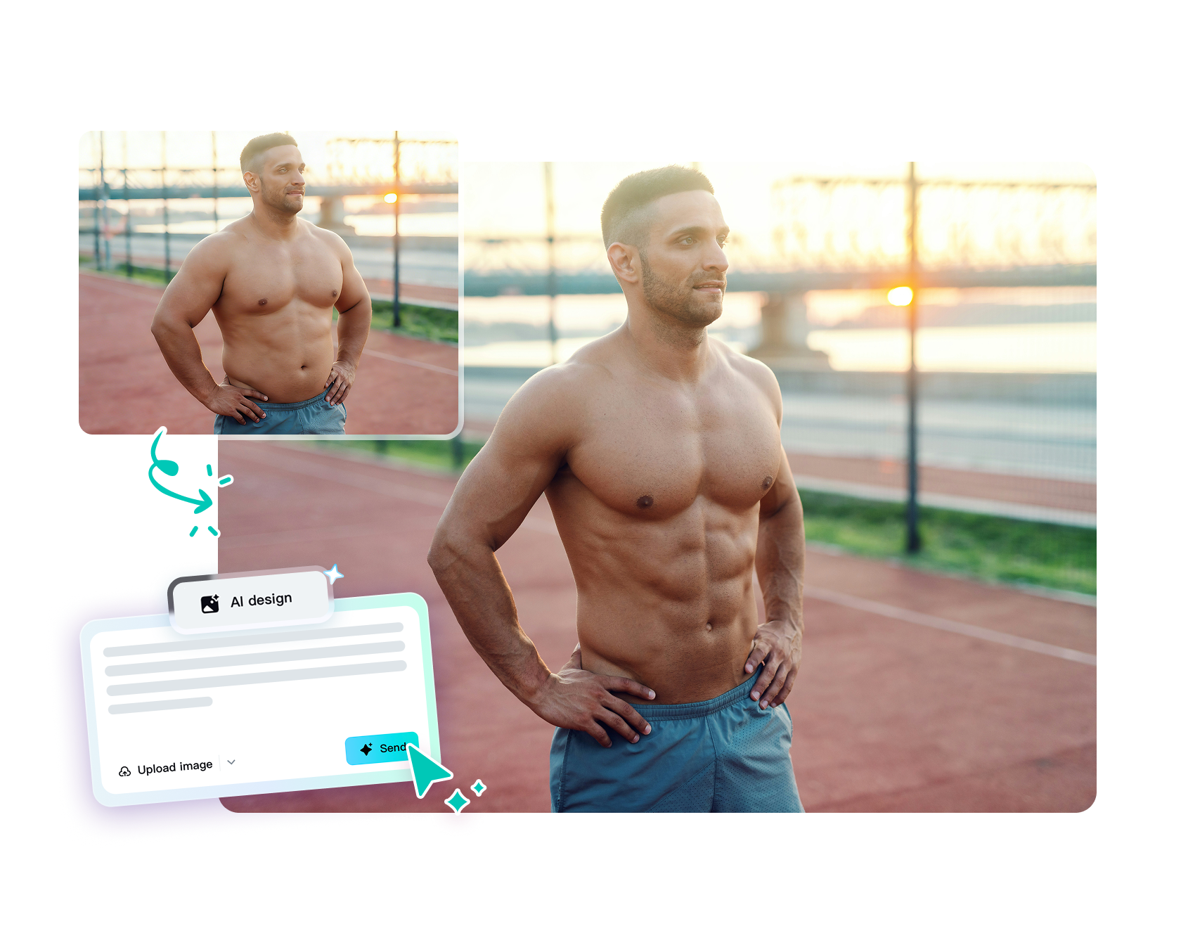 A muscular runner before-and-after image displays an upload prompt and send control
