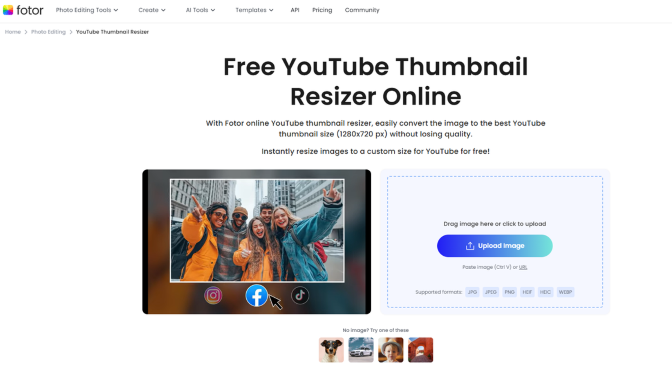 Interface of Fotor - the perfect and free YouTube thumbnail resizer